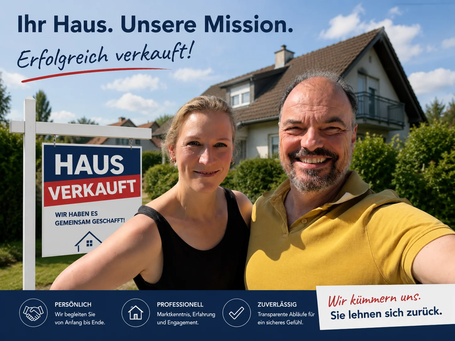 Erfolgreich verkauft — zufriedene Eigentümer vor ihrem Haus